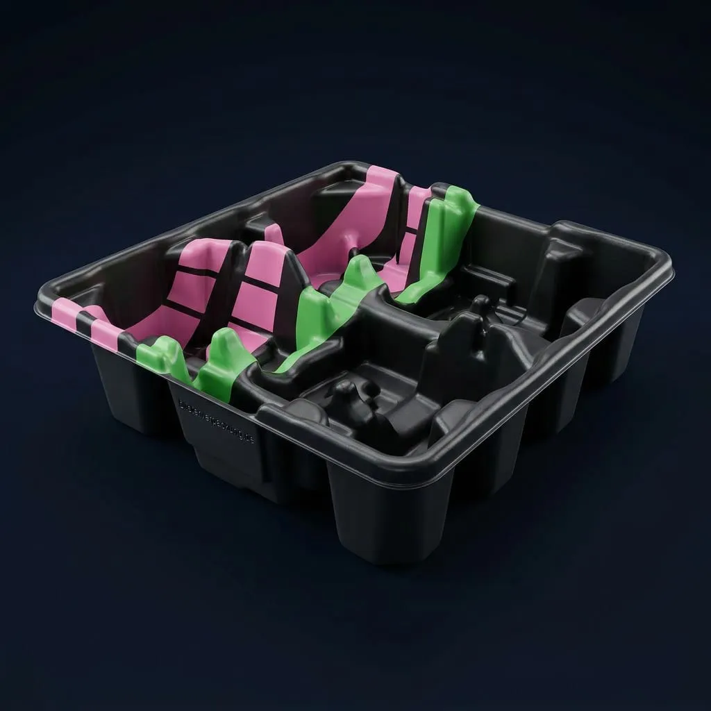 Portapezzi nero con inserti colorati per il posizionamento sicuro dei componenti — Scafa Thermoforming